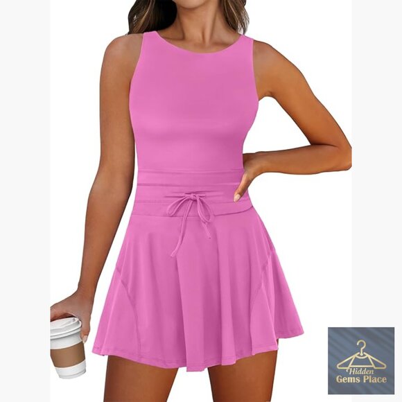Dresses & Skirts - Sleeveless Athletic Romper Dress with Built-in Shorts and Pockets